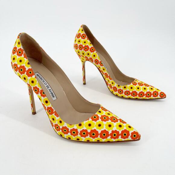 Manolo Blahnik Yellow Orange Floral Cotton BB Pointed Toe Stiletto Heels IT 37.5 - Picture 2 of 13